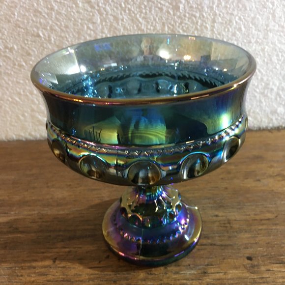 Kings Crown Blue Iridescent Carnival Glass Pedestal Candy Dish - Picture 5 of 10